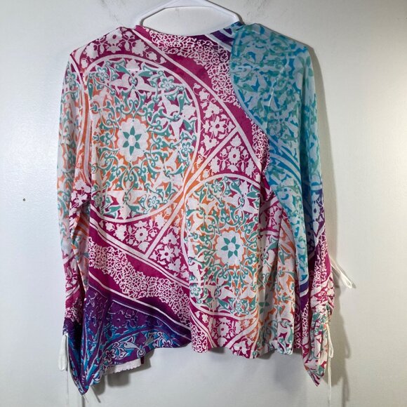 Womens Chicos Lightweight Open Cardigan Ruched Sleeves Medallion Floral M - Picture 2 of 10